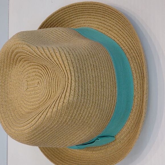 Charming Charlie Women's Tan Paper Straw Woven Fedora With Turquoise Bow Band - Picture 7 of 13